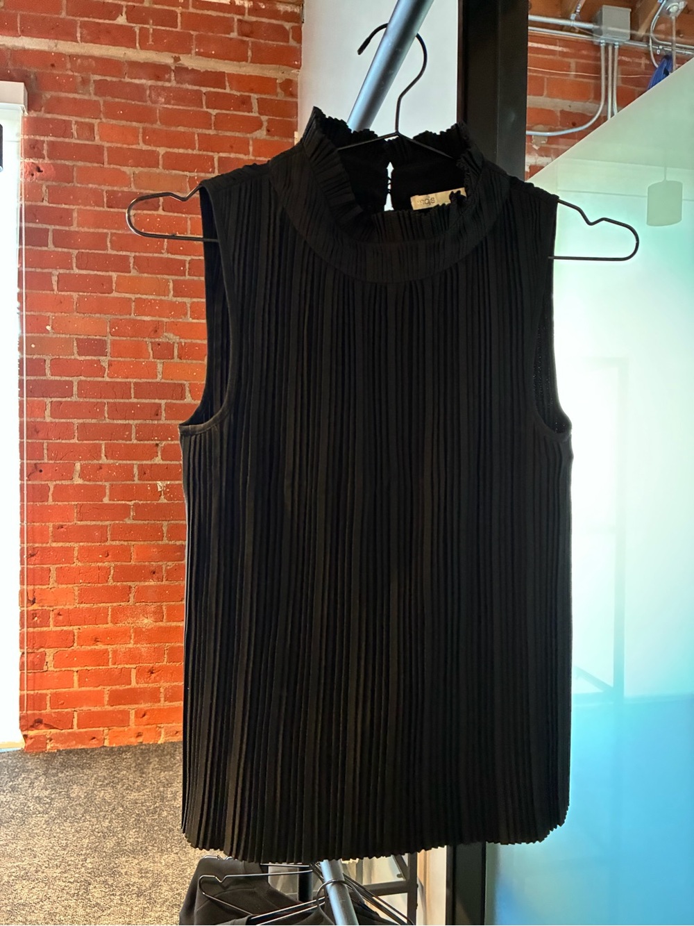 Maje Black Sleeveless Pleated Mock-Neck Top